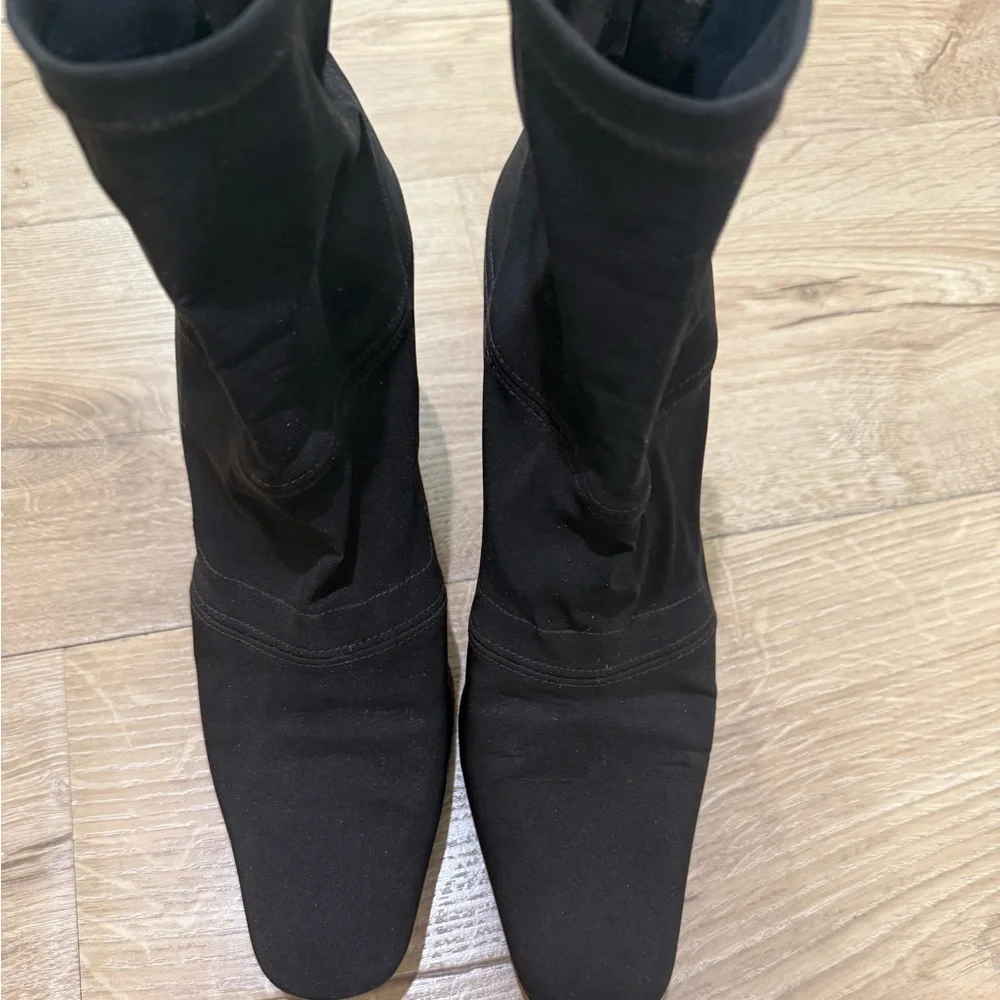 DKNY Dark Brown Stretchy Sock Bootie back zip square toe  made in Spain 8